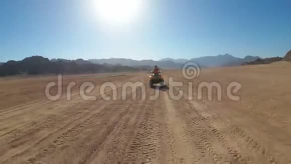 性感的女人在埃及沙漠骑着四人自行车动中的动态视图视频的预览图