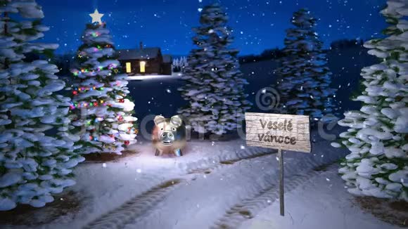 神奇捷克冬季场景动画与小屋和圣诞树3D渲染无缝回路视频的预览图