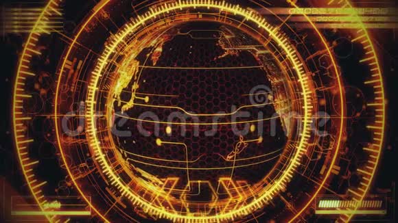 3D橙色旋转全息矩阵地球与HUD接口视频的预览图