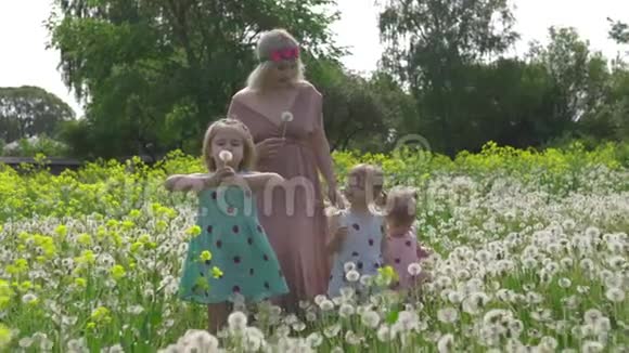 年轻的金发嬉皮士妈妈在公园里和她的小女孩一起吹蒲公英女儿们穿着类似的衣服视频的预览图