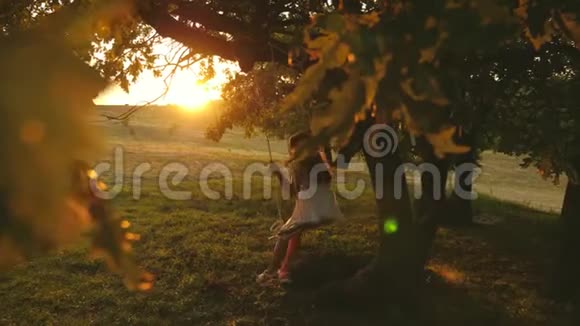 在公园日落时孩子们骑着绳子在橡树枝上摇摆女孩笑高兴年轻女孩在秋千上荡秋千视频的预览图