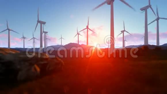 绿色草地上的风力涡轮机农场日出时的光线倾斜视频的预览图