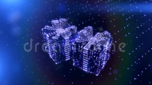 神奇的蓝色霓虹灯圣诞礼物与波克粒子背景3D渲染视频的预览图
