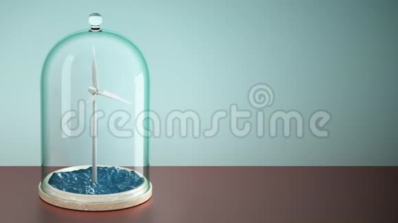 在桌子上的玻璃灯泡下在海上的风车3D4K视频的预览图