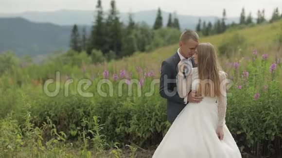 在山上和新娘在一起的房间新婚夫妇幸福家庭视频的预览图