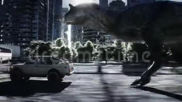 恐龙在被摧毁的城市的汽车后面奔跑恐龙启示录未来的概念逼真的4K动画视频的预览图