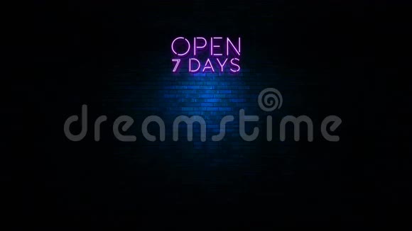 开放7天霓虹灯标志闪烁在墙上视频的预览图