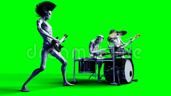 有趣的外星摇滚乐队低音鼓吉他现实运动和皮肤着色器4K绿屏镜头视频的预览图