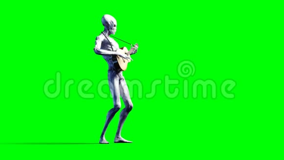 有趣的外星人玩杂技吉他现实运动和皮肤着色器4K绿屏镜头视频的预览图
