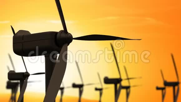 风车涡轮机清洁风能在日出日落的天空中绿色能源视频的预览图