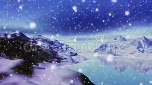 在山和湖的景观中下雪视频的预览图