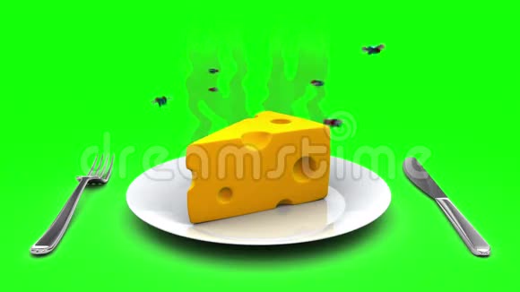 奶酪放在盘子里卡通风格的3D动画绿色屏幕可循环视频的预览图