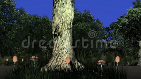 蓝屏背景下充满树木和蘑菇的神奇森林视频的预览图