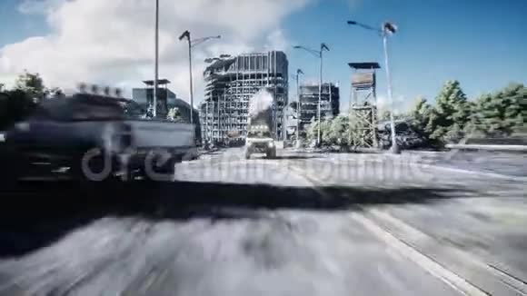 恐龙在被摧毁的城市的汽车后面奔跑恐龙启示录未来的概念逼真的4K动画视频的预览图