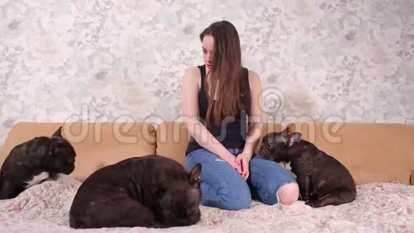 一个漂亮的小女孩坐着抱着一只法国斗牛犬的许多小狗视频的预览图