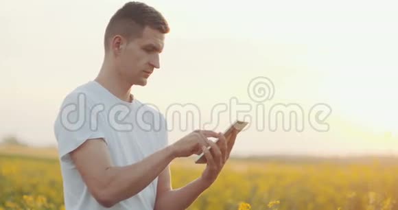 农业技术农民在麦田里拿着平板电脑视频的预览图