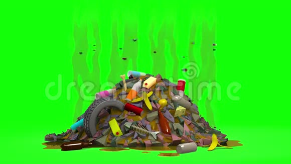 有苍蝇的垃圾堆卡通风格的3D动画绿色屏幕可循环视频的预览图