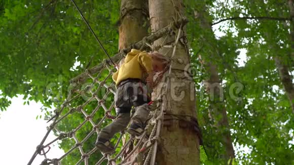 一个穿着安全装备的小男孩爬上森林探险公园的一条路线他爬在高绳上室外视频的预览图