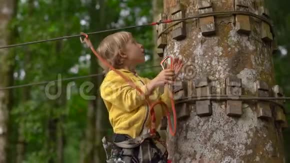 一个戴安全带的小男孩在森林探险公园的树梢上攀爬他在高绳道上攀爬视频的预览图