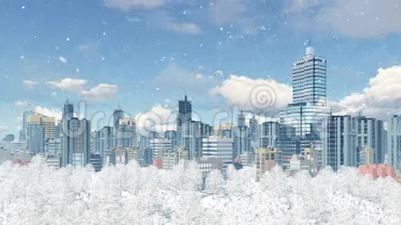 雪天有公园区的现代大城市视频的预览图