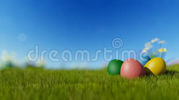 蓝色模糊的天空上绿色草地上的复活节彩蛋视频的预览图