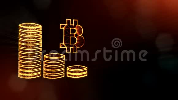 比特币和一堆硬币的标志金融背景由辉光粒子作为图像全息图三维环视频的预览图