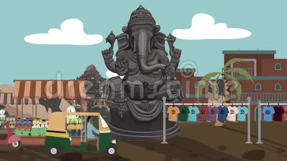 甘尼莎雕像在繁忙的印度市场与人力车经过卡通风格视频的预览图