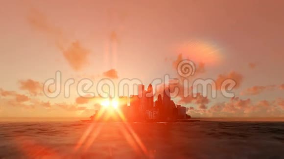 海洋上的现代城市太阳在后面日出的晨雾视频的预览图