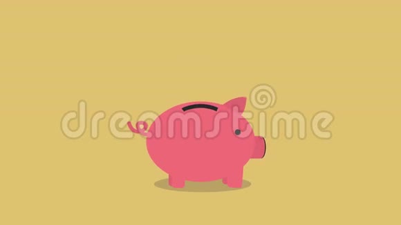金币落入一个可爱的粉红色小猪银行循环与空间为您的文本视频的预览图