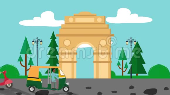 德里的卡通印度之门车经过视频的预览图