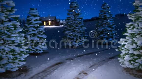 动画神奇的冬季降雪夜景与雪的草地和小屋3D渲染无缝回路视频的预览图