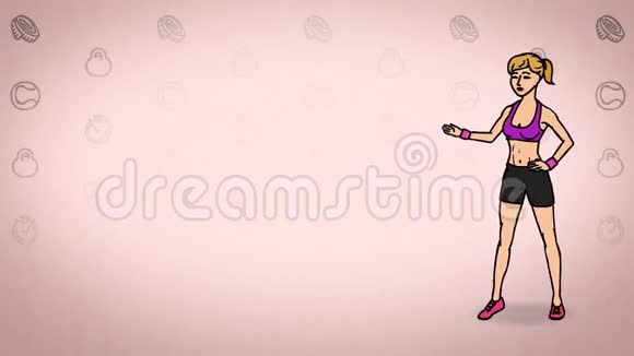 动画角色女运动员或运动员站在完全成长并说曲线轮廓粉红色背景无缝环视频的预览图