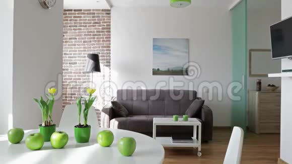 4K斯堪的纳维亚风格的新现代公寓的内部运动全景视频的预览图