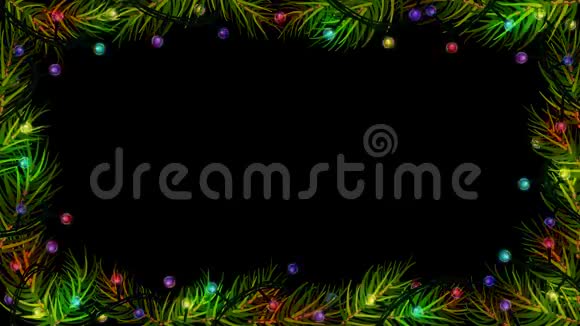 在黑色背景上用云杉冷杉树枝制作圣诞彩灯动画视频的预览图