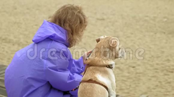 河边沙滩上牵着狗的年轻女子视频的预览图
