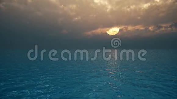 夕阳下厚重的云层漂浮在海洋上3D渲染视频的预览图