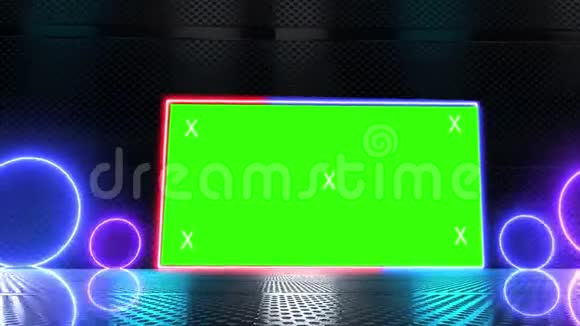抽象创意金属舞台和LED霓虹灯空白广告牌边框广告视频模拟绿色屏幕阿尔法频道视频的预览图