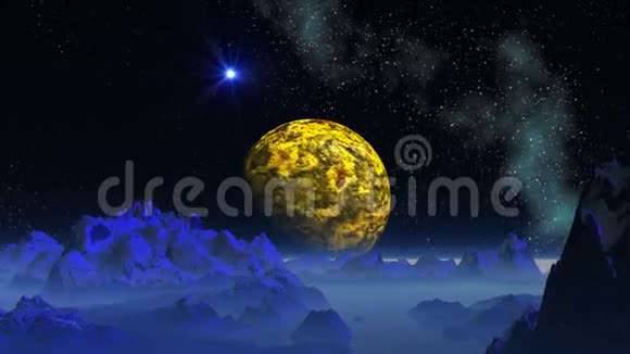 蓝色雾状行星月亮和不明飞行物视频的预览图