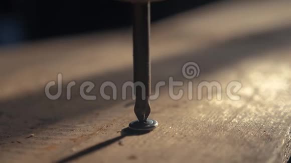工人用螺丝刀拧紧螺丝螺丝起子拧在木板上细木工的生活方式视频的预览图