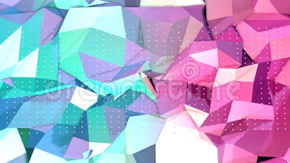 抽象简单的蓝色粉红色低聚三维表面和飞行白色晶体作为科幻景观软几何低聚视频的预览图