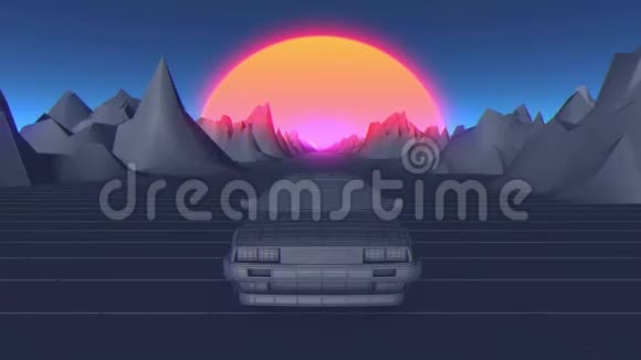 复古未来无缝动画的汽车与太阳在背景视频的预览图
