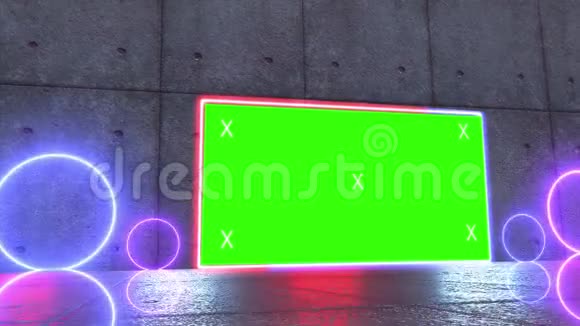 抽象创意金属舞台和LED霓虹灯空白广告牌边框广告视频模拟绿色屏幕阿尔法频道视频的预览图