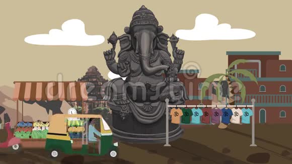 加内沙雕像与车夫在印度的一条街经过卡通风格视频的预览图