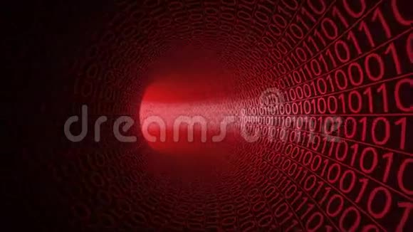 摄像机穿过由零和一组成的抽象红色隧道现代运动背景计算机二进制数据视频的预览图