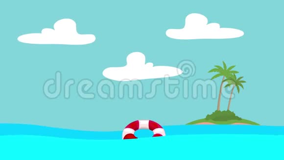 卡通救生圈漂浮在海中远离一个岛屿视频的预览图