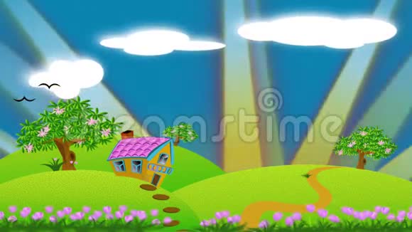 儿童故事概念中带有日出和彩虹的小山上可爱的小屋动画卡通插图视频的预览图