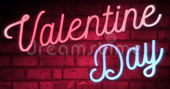 闪烁的红色和蓝色霓虹灯标志在红色的爱砖墙背景与阿尔法通道哑光情人节假期视频的预览图