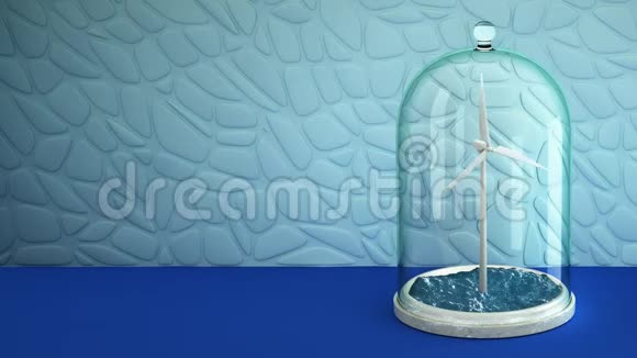 在桌子上的玻璃灯泡下在海上的风车3D4K视频的预览图