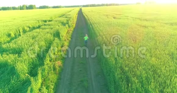 鸟瞰年轻男孩骑着自行车穿过古老的乡村道路上的麦田阳光和光束视频的预览图