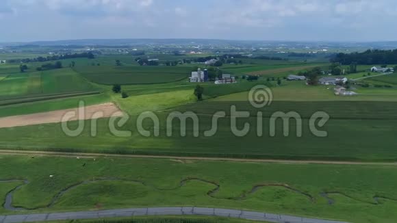 带绿野的阿米什农场和乡村的鸟瞰图视频的预览图